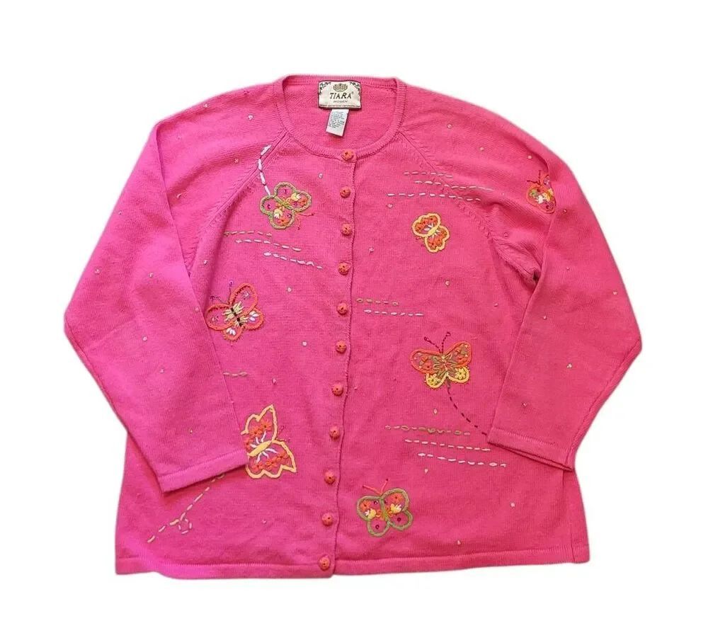Vintage Y2K Tiara Sweater Women's 1X Pink Cardigan Butterfly Embroidered